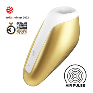 Satisfyer Love Breeze Air Pulse Stimulator reddot winner 2022, German Design Award Nominee 2022. In the center is the yellow variant of the product with two control button visible on the bottom left of the product. On the bottom right is an icon for Air Pulse.