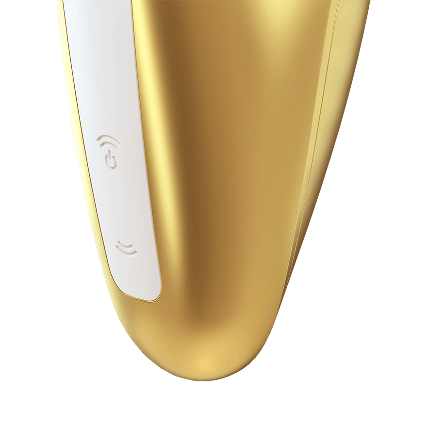 Close up on the controls for the yellow Satisfyer Love Breeze Air Pulse Stimulator, the control buttons are marked by two arching sound waves facing away from each other vertically, and the top wave button is also the power button.