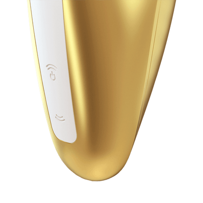 Close up on the controls for the yellow Satisfyer Love Breeze Air Pulse Stimulator, the control buttons are marked by two arching sound waves facing away from each other vertically, and the top wave button is also the power button.