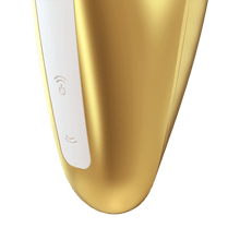 Load image into Gallery viewer, Close up on the controls for the yellow Satisfyer Love Breeze Air Pulse Stimulator, the control buttons are marked by two arching sound waves facing away from each other vertically, and the top wave button is also the power button.