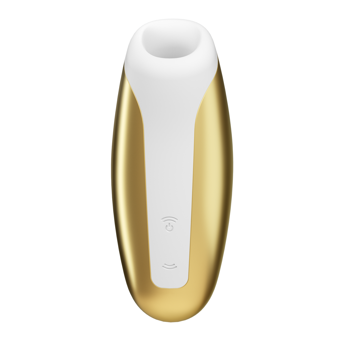 Front of the yellow Satisfyer Love Breeze Air Pulse Stimulator, control buttons in the lower middle part of the product, marked by two arching sound waves facing opposite of each other, and the top wave button is also the power button.