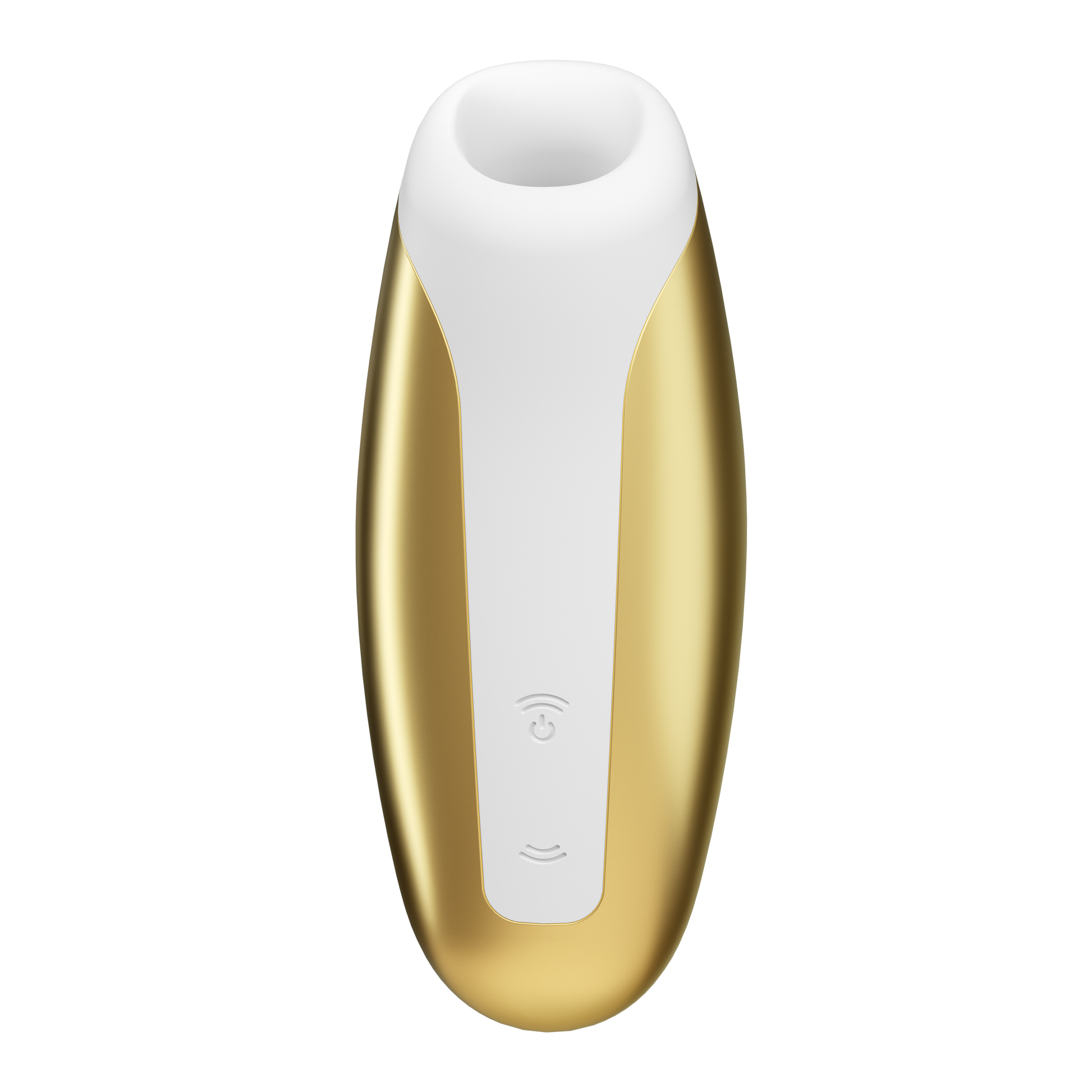 Front of the yellow Satisfyer Love Breeze Air Pulse Stimulator, control buttons in the lower middle part of the product, marked by two arching sound waves facing opposite of each other, and the top wave button is also the power button.