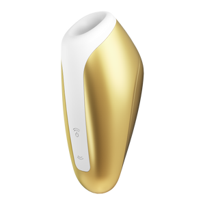 Yellow Satisfyer Love Breeze Air Pulse Stimulator front side view with controls visible at the bottom left.