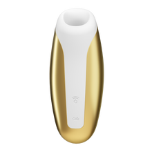 Load image into Gallery viewer, Front of the yellow Satisfyer Love Breeze Air Pulse Stimulator, control buttons in the lower middle part of the product, marked by two arching sound waves facing opposite of each other, and the top wave button is also the power button.