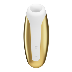 Front of the yellow Satisfyer Love Breeze Air Pulse Stimulator, control buttons in the lower middle part of the product, marked by two arching sound waves facing opposite of each other, and the top wave button is also the power button.