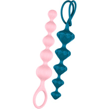 Load image into Gallery viewer, Satisfyer Love Beads Super Soft Silicone Beads, on the left side is light pink that has rounded beads with the tip pointing up, and on the right is dark blue that has diamond shaped beads, with the tip pointing down.