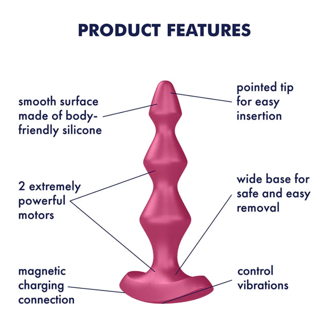 Satisfyer Lolli Plug 1 Plug Vibrator Product Features (clockwise): pointed tip for easy insertion (pointing to the tip of vibrator); wide base for safe and easy removal (pointing to handle grip at base); control vibrations (pointing to bottom of base); Magnetic charging connection (pointing to left side under the base); 2 extremely powerful motors (pointing to the upper and lower part of vibrator); smooth surface made of body-friendly silicone (pointing to the material of vibrator).