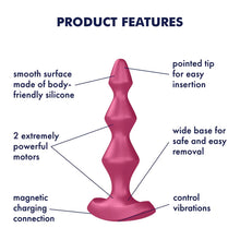 Load image into Gallery viewer, Satisfyer Lolli Plug 1 Plug Vibrator Product Features (clockwise): pointed tip for easy insertion (pointing to the tip of vibrator); wide base for safe and easy removal (pointing to handle grip at base); control vibrations (pointing to bottom of base); Magnetic charging connection (pointing to left side under the base); 2 extremely powerful motors (pointing to the upper and lower part of vibrator); smooth surface made of body-friendly silicone (pointing to the material of vibrator).
