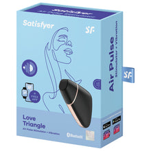 Load image into Gallery viewer, Front of the package for the Satisfyer Love Triangle Air Pulse Stimulator, on the top are the Satisfyer logos, on the left side is the icon for Air Pulse + Vibration, underneath are smart devices with + Free App indicating connect app integration, on the right side is the black variant of the Love Triangle, and on bottom right is bluetooth logo, and 15 year guarantee mark. On the right side of the package is written Air Pulse Stimulator + Vibration, and on the bottom Get your free Satisfyer Connect App.