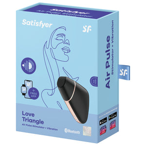 Front of the package for the Satisfyer Love Triangle Air Pulse Stimulator, on the top are the Satisfyer logos, on the left side is the icon for Air Pulse + Vibration, underneath are smart devices with + Free App indicating connect app integration, on the right side is the black variant of the Love Triangle, and on bottom right is bluetooth logo, and 15 year guarantee mark. On the right side of the package is written Air Pulse Stimulator + Vibration, and on the bottom Get your free Satisfyer Connect App.