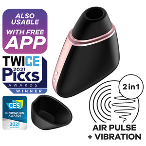 Also Usable with Free App, Twice 2021 Picks Awards Winner, CES Innovation Awards 2021 Honoree. In the center is the black Satisfyer Love Triangle Air Pulse Stimulator sitting on its back, the front cover is off, and the charging port visible on the lower left side of the product. On bottom right of the image is an icon for 2 in 1 Air Pulse + Vibration.