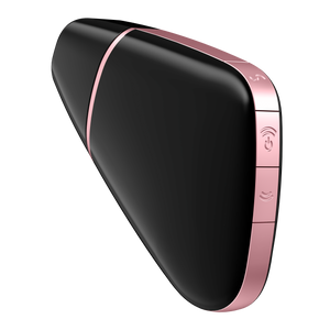 Back side view of the black Satisfyer Love Triangle Air Pulse Stimulator with the front cover on. On the back are three buttons, the first top is on the angle with an S on it, the middle button is the power button,and two arching air waves facing upward, and bellow is the third button with the arching air wave facing the opposite direction.