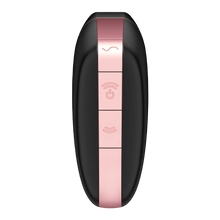 Load image into Gallery viewer, Back of the black Satisfyer Love Triangle Air Pulse Stimulator, with three buttons from the top. The top button with a S shaped wave, second is the power button the middle button is the power button, and two arching air waves facing upward, and below is the third button with the arching air wave facing the opposite direction.