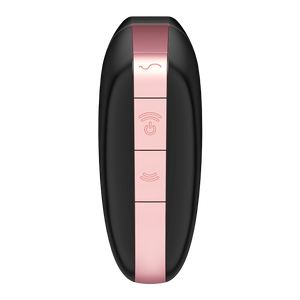 Back of the black Satisfyer Love Triangle Air Pulse Stimulator, with three buttons from the top. The top button with a S shaped wave, second is the power button the middle button is the power button, and two arching air waves facing upward, and below is the third button with the arching air wave facing the opposite direction.