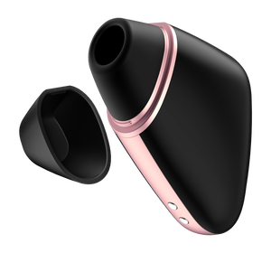 Front side view with the front cover off the black Satisfyer Love Triangle Air Pulse Stimulator. Charging port is visible on the bottom of the product.