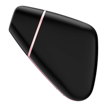 Load image into Gallery viewer, Side view of the black Satisfyer Love Triangle Air Pulse Stimulator with the front cover on, and the charging port visible from the bottom of the product.