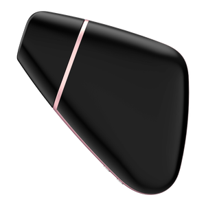 Side view of the black Satisfyer Love Triangle Air Pulse Stimulator with the front cover on, and the charging port visible from the bottom of the product.