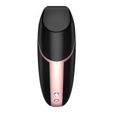 Load image into Gallery viewer, Front view from the bottom at the black Satisfyer Love Triangle Air Pulse Stimulator with the front cover on, and the charging port is visible at the bottom of the product.