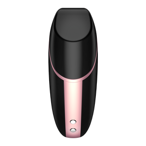 Front view from the bottom at the black Satisfyer Love Triangle Air Pulse Stimulator with the front cover on, and the charging port is visible at the bottom of the product.