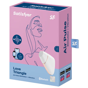 Front of the package for the Satisfyer Love Triangle Air Pulse Stimulator, on the top are the Satisfyer logos, on the left side is the icon for Air Pulse + Vibration, underneath are smart devices with + Free App indicating connect app integration, on the right side is the white variant of the Love Triangle, and on bottom right is bluetooth logo, and 15 year guarantee mark. On the right side of the package is written Air Pulse Stimulator + Vibration, and on the bottom Get your free Satisfyer Connect App.