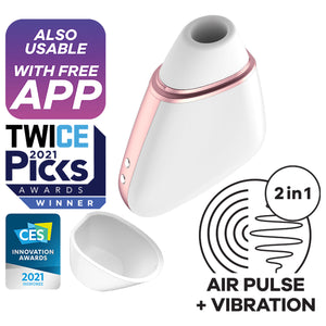 Also Usable with Free App, Twice 2021 Picks Awards Winner, CES Innovation Awards 2021 Honoree. In the center is the white Satisfyer Love Triangle Air Pulse Stimulator sitting on its back, the front cover is off, and the charging port visible on the lower left side of the product. On bottom right of the image is an icon for 2 in 1 Air Pulse + Vibration.