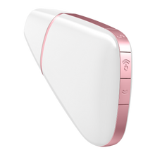 Load image into Gallery viewer, Back side view of the white Satisfyer Love Triangle Air Pulse Stimulator with the front cover on. On the back are three buttons, the first top is on the angle with an S on it, the middle button is the power button,and two arching air waves facing upward, and bellow is the third button with the arching air wave facing the opposite direction.