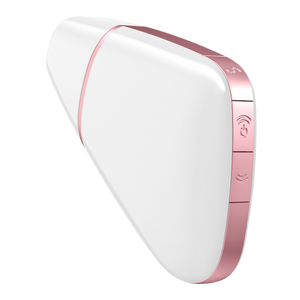 Back side view of the white Satisfyer Love Triangle Air Pulse Stimulator with the front cover on. On the back are three buttons, the first top is on the angle with an S on it, the middle button is the power button,and two arching air waves facing upward, and bellow is the third button with the arching air wave facing the opposite direction.