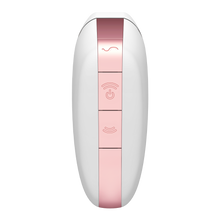 Load image into Gallery viewer, Back of the white Satisfyer Love Triangle Air Pulse Stimulator, with three buttons from the top. The top button with a S shaped wave, second is the power button the middle button is the power button, and two arching air waves facing upward, and below is the third button with the arching air wave facing the opposite direction.