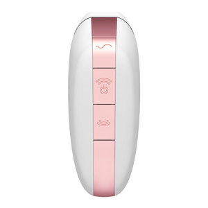 Back of the white Satisfyer Love Triangle Air Pulse Stimulator, with three buttons from the top. The top button with a S shaped wave, second is the power button the middle button is the power button, and two arching air waves facing upward, and below is the third button with the arching air wave facing the opposite direction.