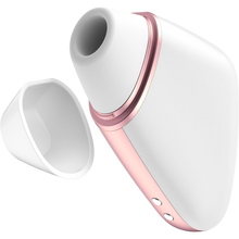 Load image into Gallery viewer, Front side view with the front cover off the white Satisfyer Love Triangle Air Pulse Stimulator. Charging port is visible on the bottom of the product.