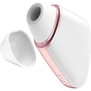 Front side view with the front cover off the white Satisfyer Love Triangle Air Pulse Stimulator. Charging port is visible on the bottom of the product.