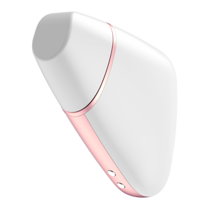 Front side of the white Satisfyer Love Triangle Air Pulse Stimulator with the front cover on. Charging port is visible on the bottom of the product.