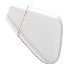 Load image into Gallery viewer, Side view of the white Satisfyer Love Triangle Air Pulse Stimulator with the front cover on, and the charging port visible from the bottom of the product.