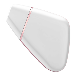 Side view of the white Satisfyer Love Triangle Air Pulse Stimulator with the front cover on, and the charging port visible from the bottom of the product.