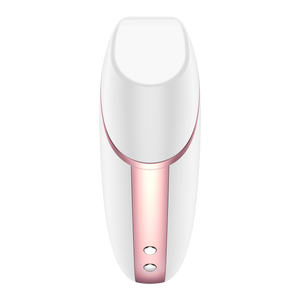 Front view from the bottom at the white Satisfyer Love Triangle Air Pulse Stimulator with the front cover on, and the charging port is visible at the bottom of the product.