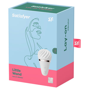 Front of the package for Satisfyer Little Wand Lay-on Vibrator, on the top are the Satisfyer logos, on the right side is the lay-on vibrator, with the controls visible on the product, and on the bottom right is the 15 Year Guarantee. On the right side of the package is written Lay-On Vibrator, and a tag with the SF logo sticking out from the back.
