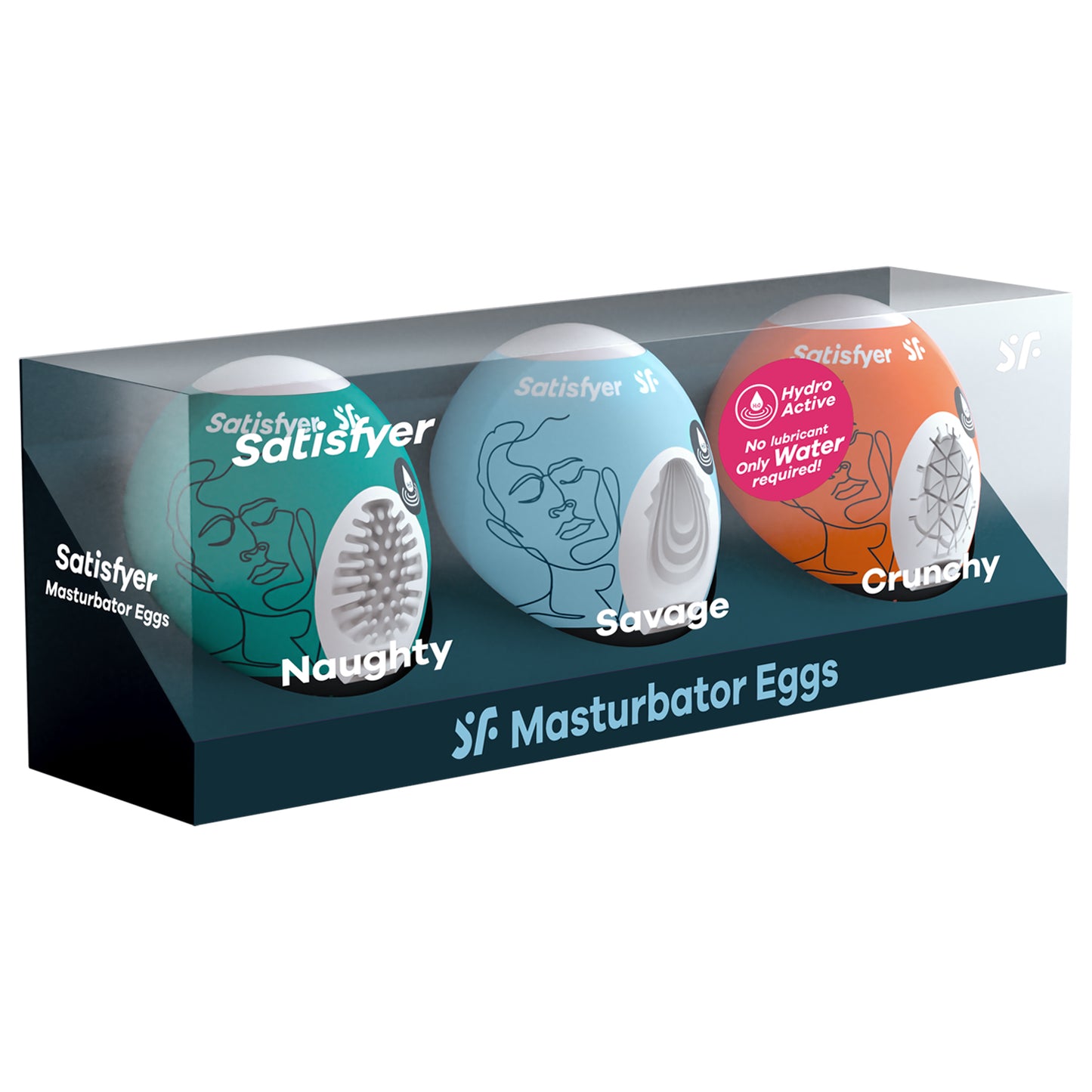 Front of the package of Satisfyer Masturbator Eggs displaying a set of Naughty, Savage, and Crunchy Eggs. On the side of the package is written Satisfyer Masturbation Eggs.