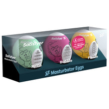 Load image into Gallery viewer, Front of the package of Satisfyer Masturbator Eggs displaying a set of Riffle, Bubble, and Fierce Masturbator Eggs. On the side of the package is written Satisfyer Masturbation Eggs.