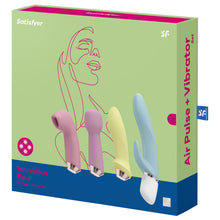 Charger l&#39;image dans la galerie, Front of the package for the Satisfyer Marvelous Four Air Vibes + Vibrator Set, on the left is an icon for exchangeable, in the middle from is the set of the vibrators from left to right is the air pulse, wand massager, anal vibrator, the rabbit vibrator, and on the bottom right is the 15 year guarantee mark. On the right side of the package is written Air Pulse + Vibrator Set , and the tag sticking out from the back with the SF logo.