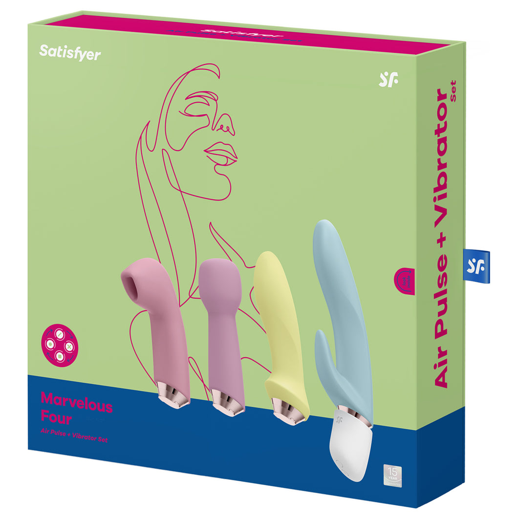 Front of the package for the Satisfyer Marvelous Four Air Vibes + Vibrator Set, on the left is an icon for exchangeable, in the middle from is the set of the vibrators from left to right is the air pulse, wand massager, anal vibrator, the rabbit vibrator, and on the bottom right is the 15 year guarantee mark. On the right side of the package is written Air Pulse + Vibrator Set , and the tag sticking out from the back with the SF logo.