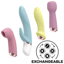 Load image into Gallery viewer, A set of the Satisfyer Marvelous Four Air Vibes + Vibrator Set, from left to right is the air vibe, the rabbit vibrator, the anal vibrator, and the wand massager. On the bottom right of the photo is an icon for Exchangeable.