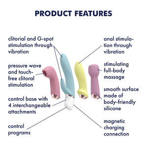 Satisfyer Marvelous Four Air Vibes + Vibrator Set Product Features (clockwise): anal stimulation through vibration, stimulating full-body massage, smooth surface made of body-friendly silicone, magnetic charging connection, control program, control base with 4 interchangeable attachments, pressure wave and touch free clitoral stimulation, clitoral and G-spot stimulation through Vibration.