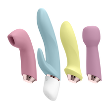 Load image into Gallery viewer, Full set of the Satisfyer Marvelous Four Air Vibes + Vibrator Set from left to right is the air vibe, the rabbit vibrator, anal vibrator, and the wand massager.