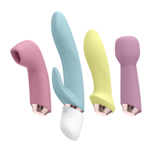 Full set of the Satisfyer Marvelous Four Air Vibes + Vibrator Set from left to right is the air vibe, the rabbit vibrator, anal vibrator, and the wand massager.