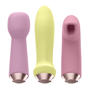 Wand massager, anal vibrator, and the air pulse vibe facing front from the Satisfyer Marvelous Four Air Vibes + Vibrator Set.