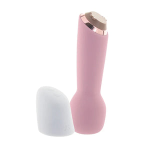 Interchangeable battery beside the wand massager standing on it's head from the Satisfyer Marvelous Four Air Vibes + Vibrator Set.