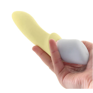 Anal Vibrator from the Satisfyer Marvelous Four Air Vibes + Vibrator Set is held in a hand showing the size scale of the product.