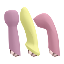 Load image into Gallery viewer, Wand massager, anal vibrator, and the air pulse vibe on it&#39;s side from the Satisfyer Marvelous Four Air Vibes + Vibrator Set.