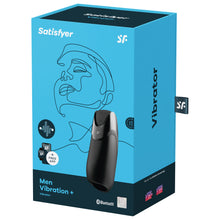 Load image into Gallery viewer, Front of the package for the Satisfyer Men Vibration+ Vibrator, on the left side is an icon for vibration, below are smart devices with +Free App, on the right side is the back of the product displayed, with visible controls, and on bottom right is the bluetooth logo, with a 15 year guarantee mark. On the right side of the package is written vibrator, and on the bottom Get your free Satisfyer Connect App, with smart devices showing integration, from the back is a tag sticking out with the SF logo.