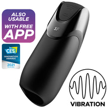 Charger l&#39;image dans la galerie, Also usable with free app, CES Innovation Awards 2021 honoree. In the middle is the Satisfyer Men Vibration+ Vibrator with visible controls on the top of the product marked by arching waves, facing the opposite from each other, and the SF logo below the controls. On the bottom right of the image is an icon for Vibration.